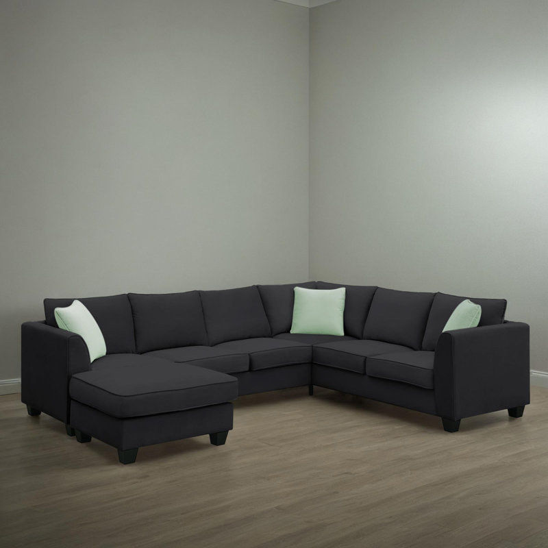 112" Wide U-Shaped Sectional Sofa, Black Polyester Blend