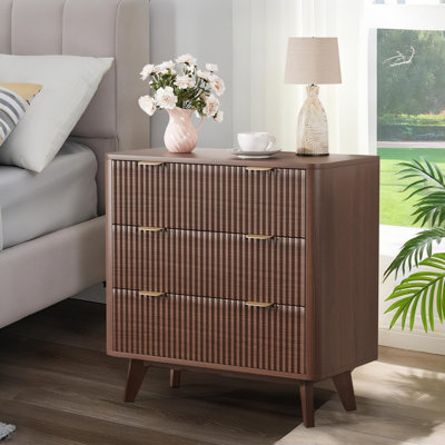32" Width Fluted Nightstand, Modern 3 Drawer Bedside Table with Gold Handle and Large Drawer, Wood Chest of Bedside Table with Curved Profile, End Tab by Wrought Studio