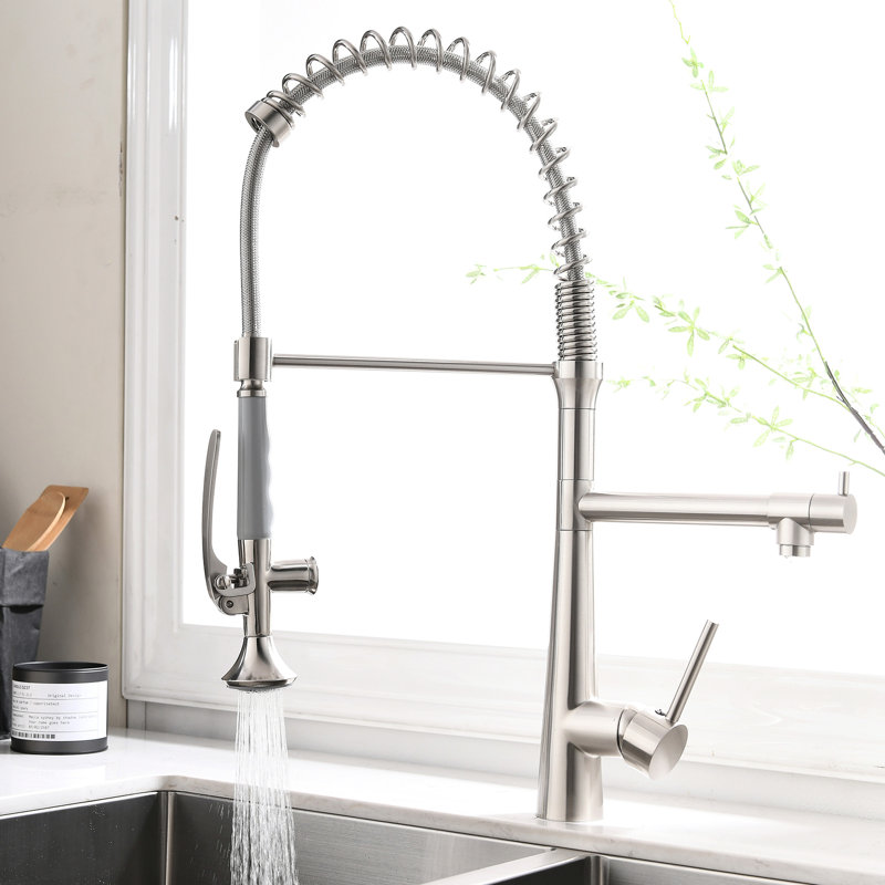 Spot Brushed Nickel Kitchen Sink Faucet With Pull Down Spout And Pre-Rinse Function High Arc Spring Brass Body In
