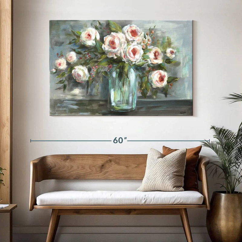 Harnek, fleurs roses, nature morte, paysage, H 32 po x l 48 po