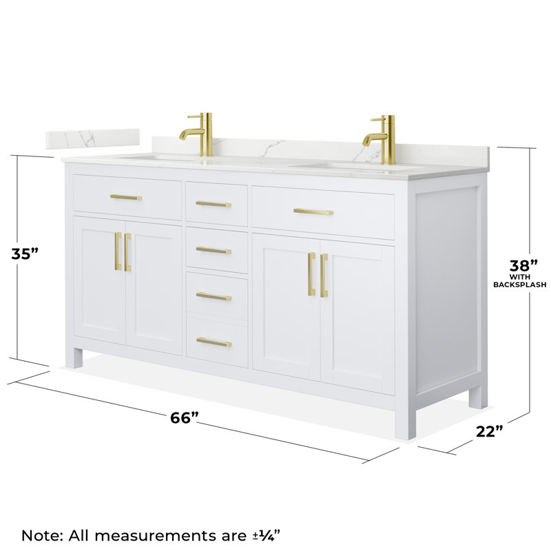Beckett 66" Freestanding Double Bathroom Vanity with Quartz Top, White, Brushed Gold, Giotto Quartz