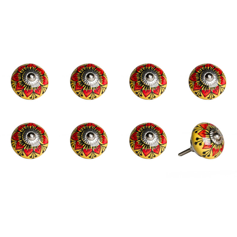 Set of Eight Yellow And Black Floral Ceramic Drawer Pull Knobs