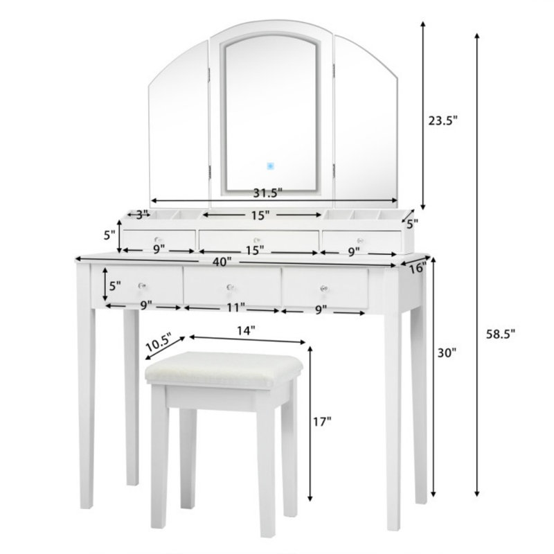 Ensemble de tabouret de coiffeuse avec grand miroir lumineux pliable en trois, Blanc