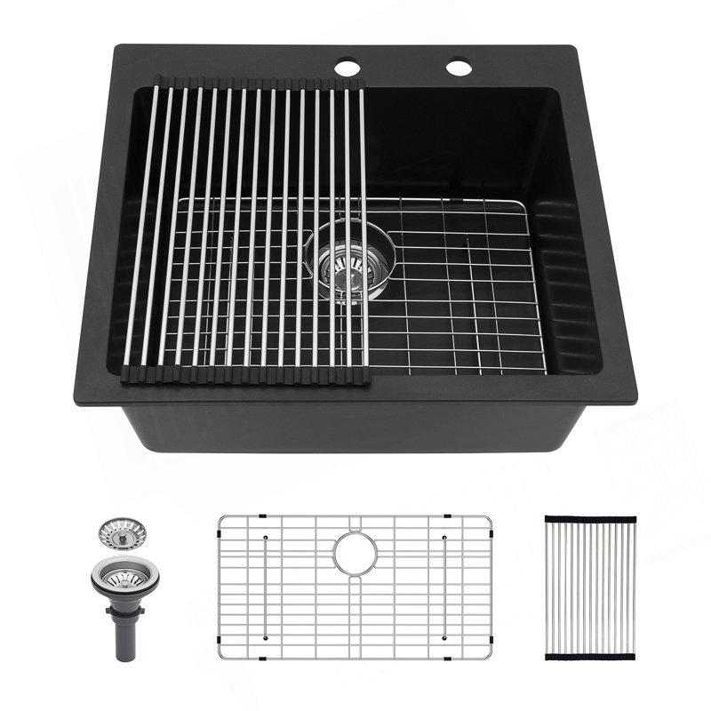 Quartz Composite Single Bowl Kitchen Sink With Noise-Reducing, Non-Porous Surface For Easy Cleaning And Durability, Black