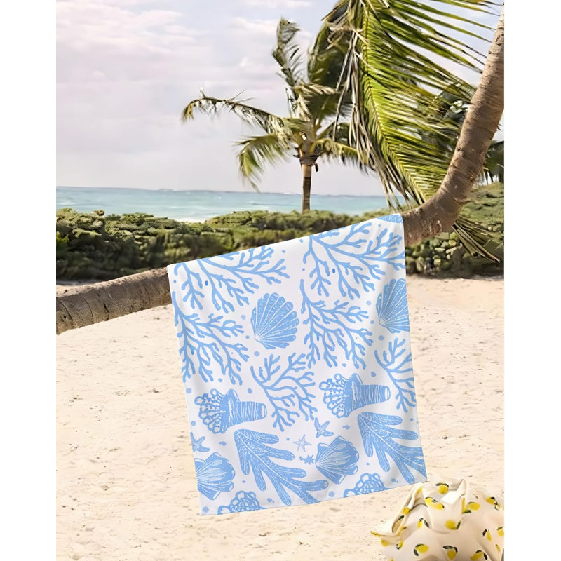Blue Coastal Beach Towel 30x63 Inch, Ocean Seashell Coral Pattern Polyester Towel for Beach Pool Bathroom Travel Camping