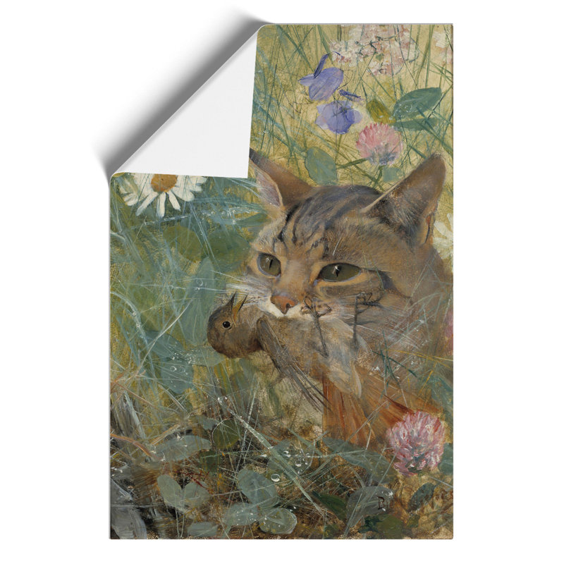 A Cat with a Bird in Its Mouth by Bruno Liljefors - Unframed Painting, 42cm H x 30cm W x 0.1cm D