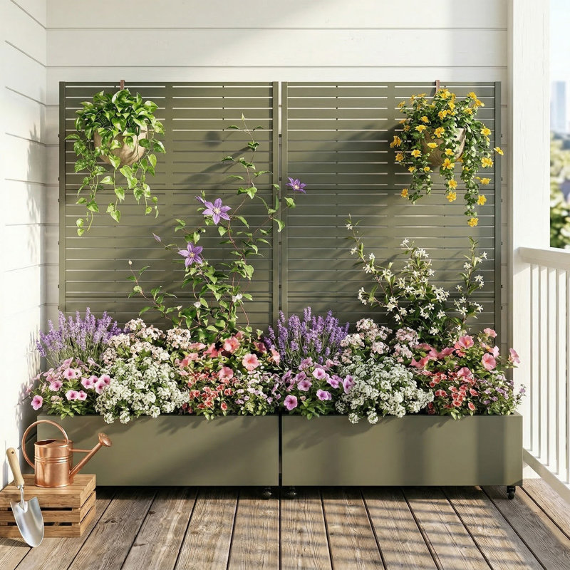 Lit de jardin en métal avec treillis et roues H 6 pi x l 4 pi - gris, H 73 po x l 47 po x P 16 po, Kaki