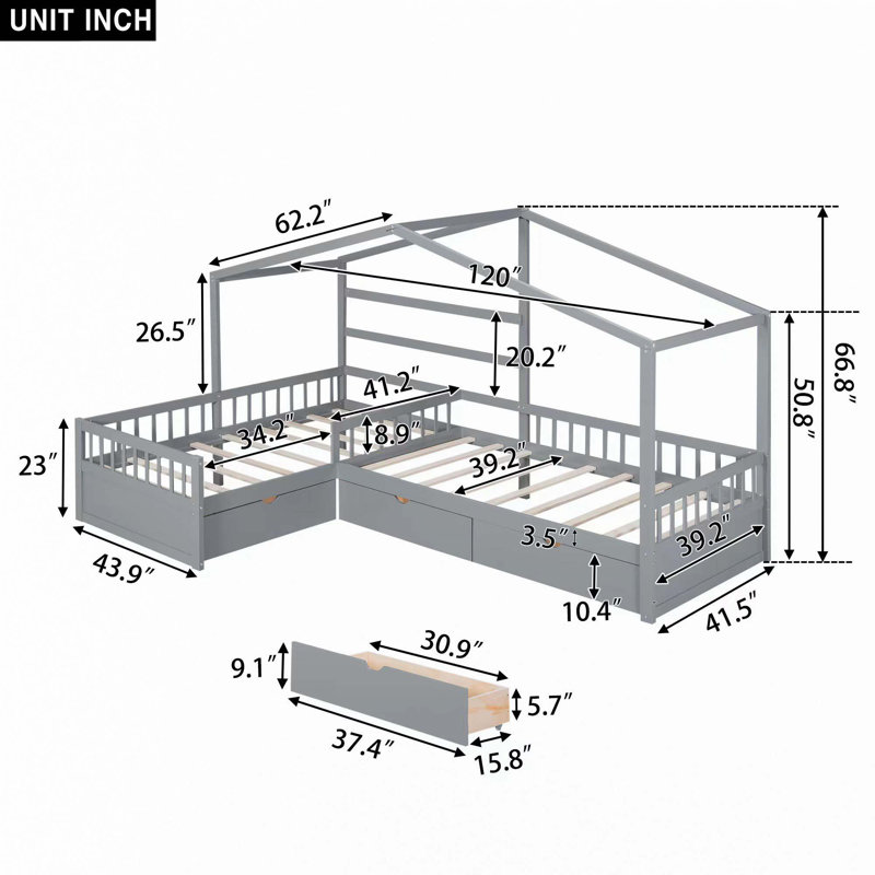 Lit plateforme House avec trois tiroirs de rangement, Gris