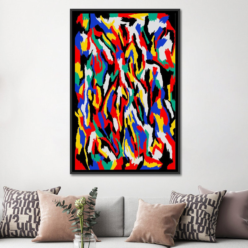 « bauhaus camouflage », impression sur toile, H 26 po x l 18 po x P 1,5 po, Toile avec cadre noir, Pas de tapis