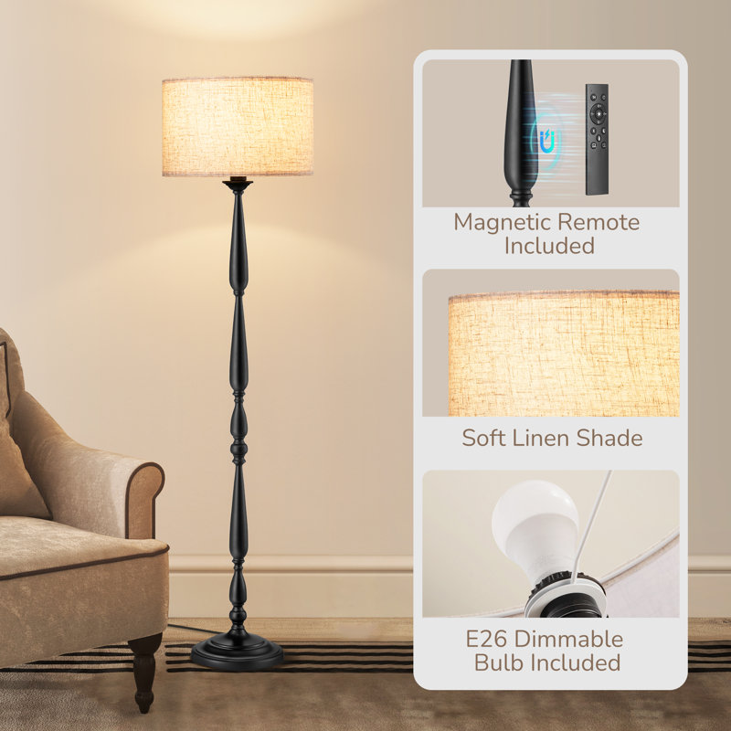 62" Traditional Floor Lamp with Remote and Dimmable Bulb, Black
