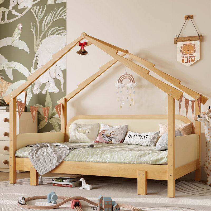 Twin Size Wood Treehouse Bed with Soft Cushion Rails | for Kids, White, Twin, White