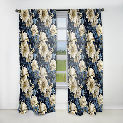 Dark Blue And White Flower Damask Breeze - Bohemian Velvet Curtain - Room Darkening - 1 Panel