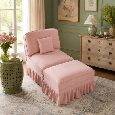 Canapé et repose-pieds 1 place en chenille rose avec accoudoirs à volants amovibles