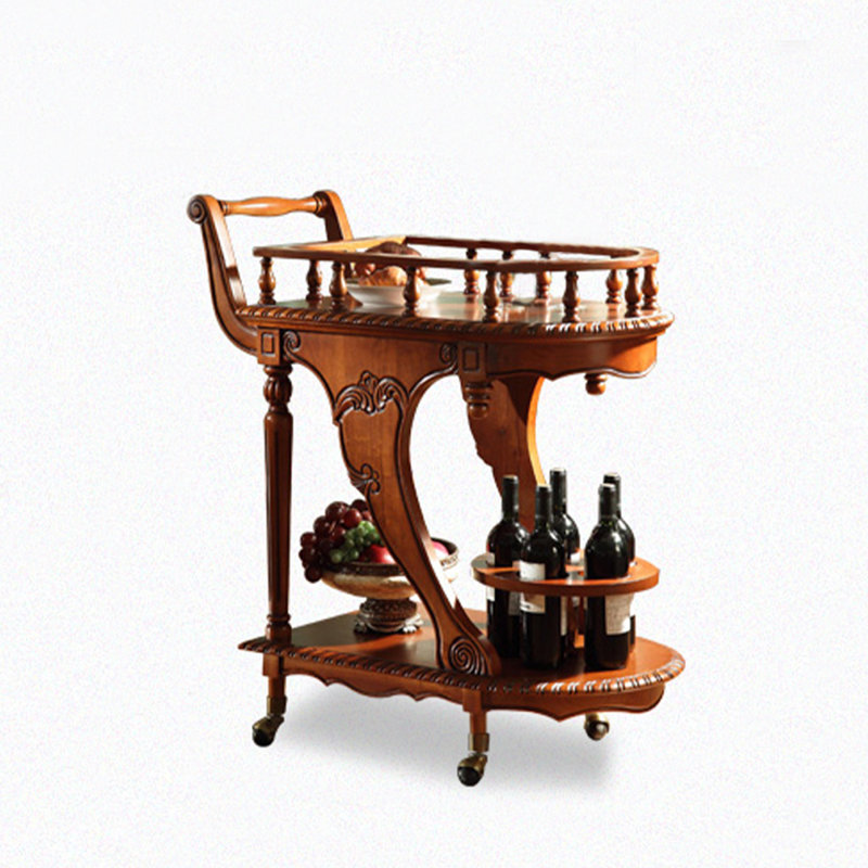 Chariot utilitaire roulant en chêne sculpté avec rangement pour bouteilles de vin