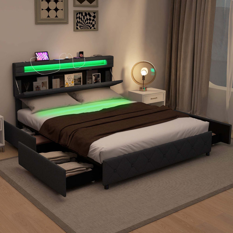 Bed Frame With Led Lights & Charging Station & Modern Upholstered Bed, Queen