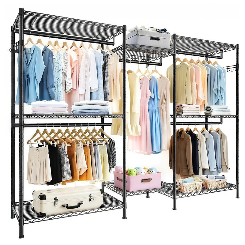 Portant à vêtements robuste, organisateur de garde-robe autoportant, portemanteau portatif pour garde-robe, portemanteau réglable avec 8 tablettes réglables et 5 portemanteaux, noir