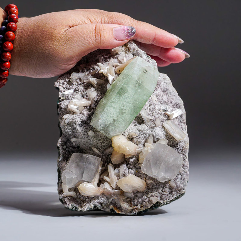 Green Apophyllite with Gem Calcite and Stilbite from Pune District, Maharashtra, India