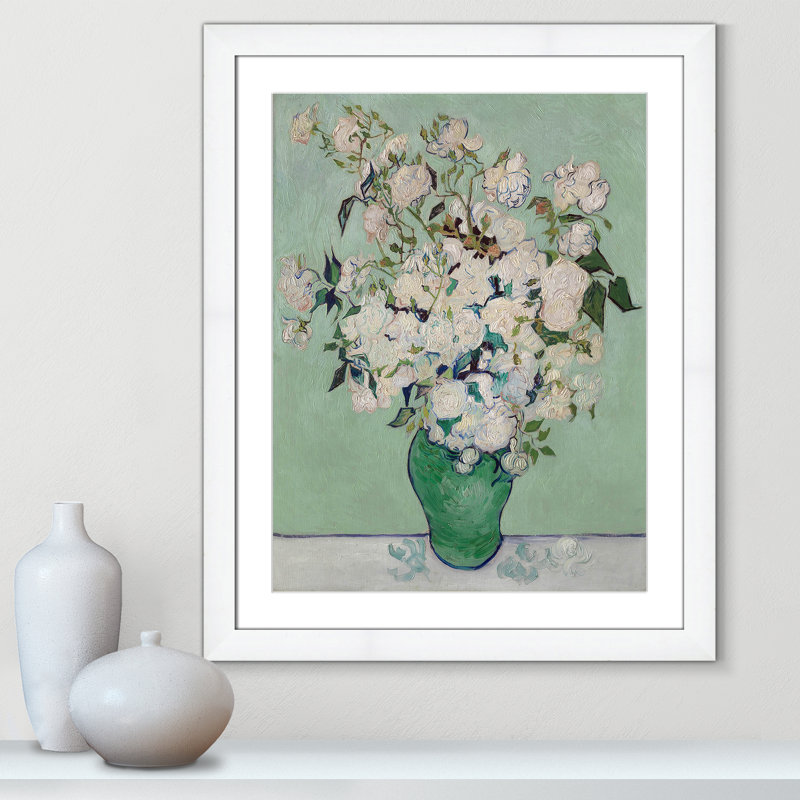 Roses encadrées sur papier par Vincent Van Gogh, reproduction, H 31 po x l 25 po x P 1,25 po, Cadre cubique blanc mat