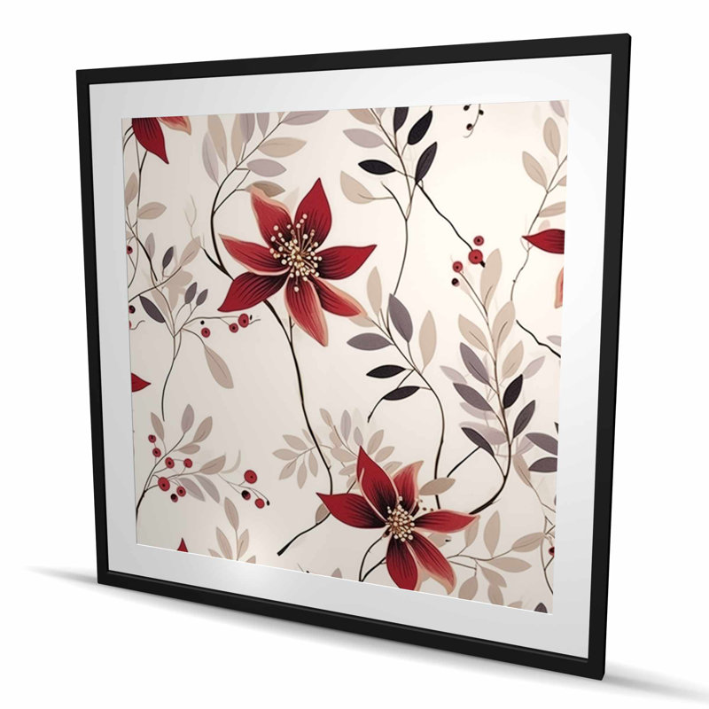 Motif de fleur rouge - imprimé mat bleu encadré pour la décoration intérieure