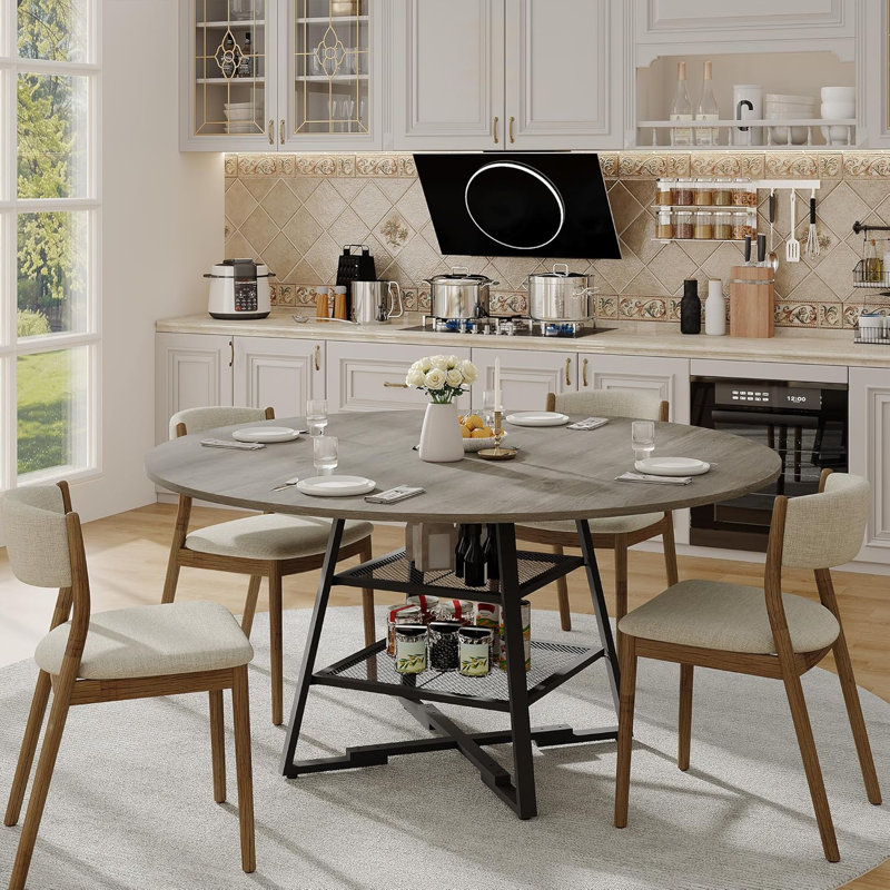 Round Dining Table for 4–6 with Storage Shelf, 42" or 47" Circle Kitchen Table, Rustic Farmhouse Style High-Top Dining Room Table