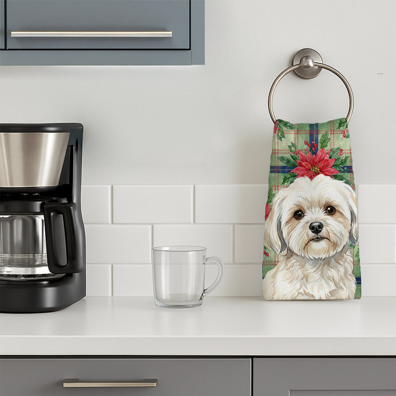 White Lhasa Apso Christmas PoinsettIas Kitchen Towel, White Lhasa Apso