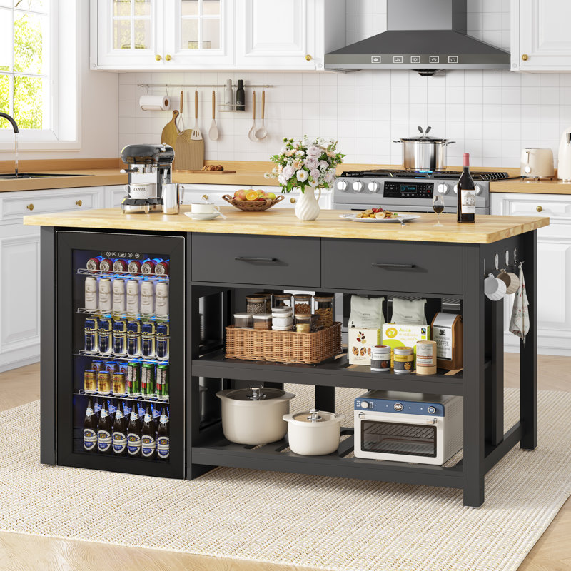 Îlot de cuisine en bois massif avec rangement pour sièges et espace pour réfrigérateur et prises de courant, pour le style maison de campagne, noir