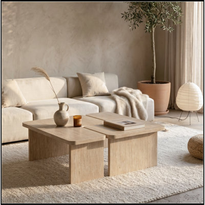 Ensemble de 2 tables basses modulables en travertin, ensemble de tables gigognes en forme de L, table d'angle séparable pour petits espaces et salon, beige crème
