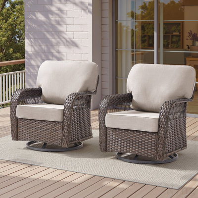 Ensemble de chaises berçantes d'extérieur, ensemble de 2 chaises berçantes pivotantes en osier brun avec coussins en forme de T et mousse épaisse de 5 po, idéale pour le porche et la cour, beige