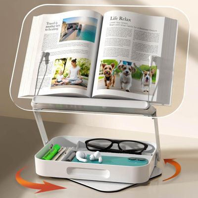 Acrylic Book Stand with Storage, 360° Rotating, Foldable Adjustable Holder