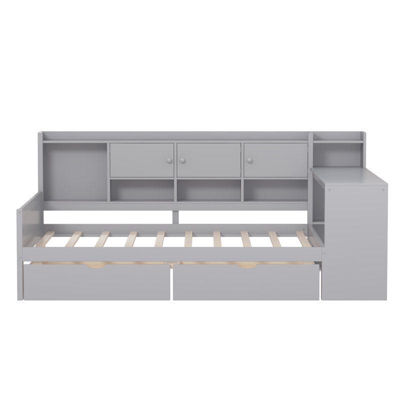 Daybed with Storage 3 Cabinets and 2 Drawers, Wooden L-Shape Daybed Frame with Study Desk and Built-in Bookshelf, Multi-functional Bed for Bedroom Guest Room