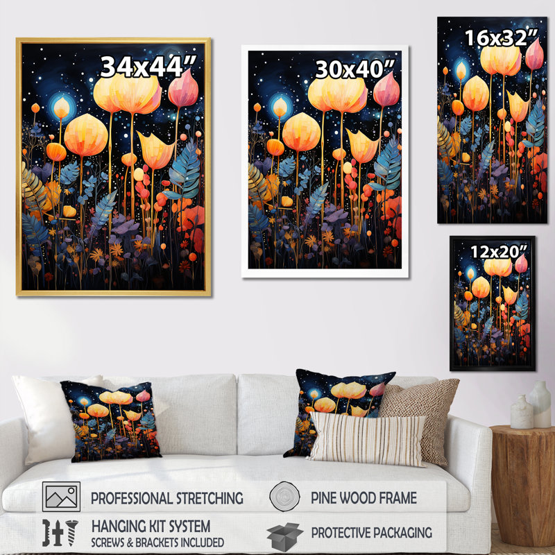«Galaxy Night Botanical Plants I - Flowers Wall Art Living Room», Cadre flottant doré, H 32 po x l 24 po x P 1 po