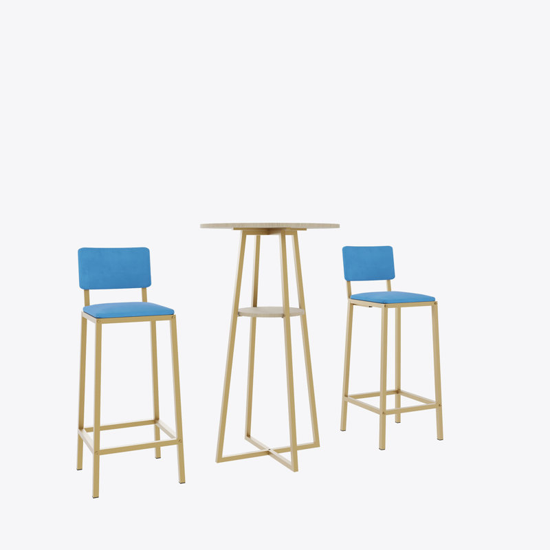  Bar table and chairs three piece set, frame, sponge made seat cushions and backrests, bar table with storage function, Blue