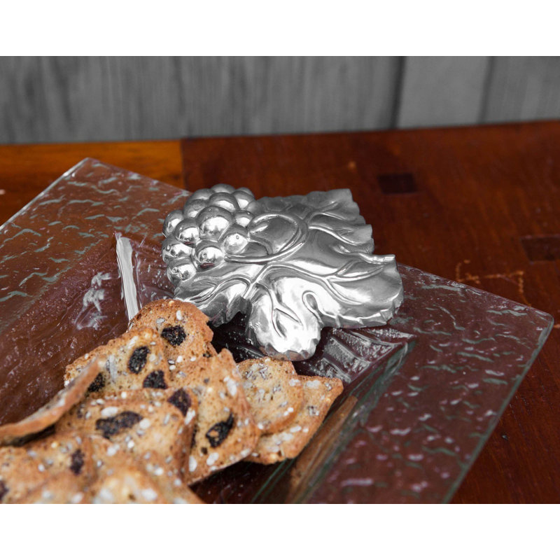 Clear Glass Oblong Tray with Grape Design Metal Handles
