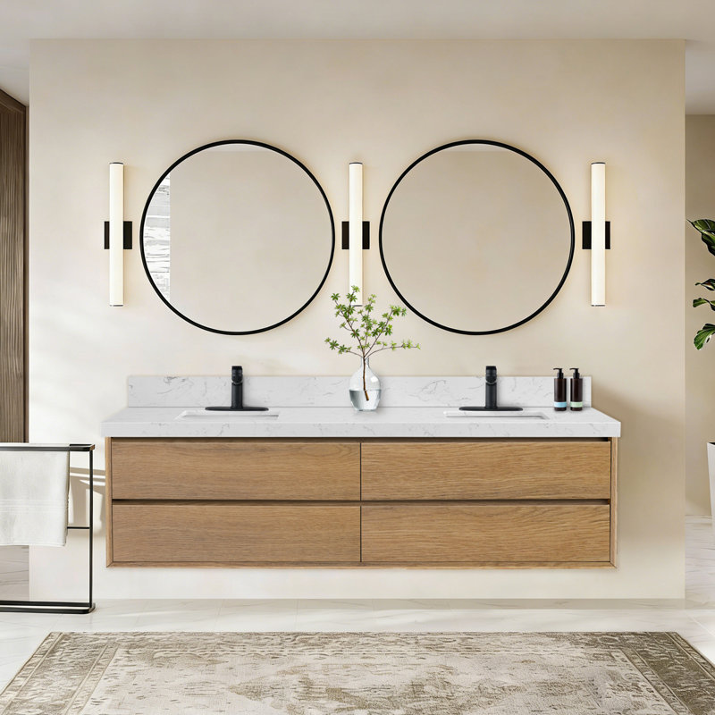 Tiroirs de meuble-lavabo mural Modern, 84", Chêne
