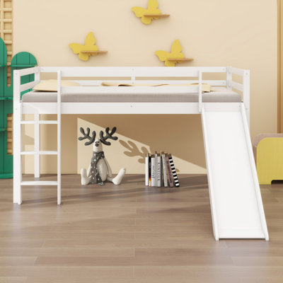 Low Loft Bed With Slide, Ladder, Safety Guardrails