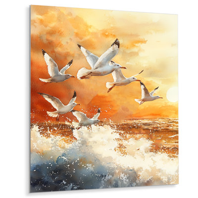 Seagulls At Sunrise IV - Modern Metal Art Print, Bird Metal Wall Decor