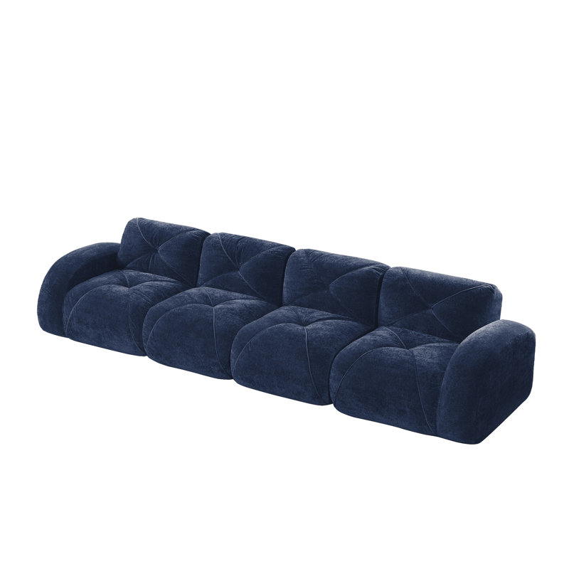 Elloree 140'' Velvet Upholstered 4-Seater Sectional Sofa with Tufted Cushions, Velvet - Blue, 29.9" H x 140.9" W x 37.4" D