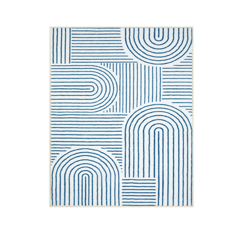 Celeta Washable Abstract Japandi Rainbow Striped Blue Area Rug - Colorful Modern Carpet for Living Room, Bedroom, or Office Decor