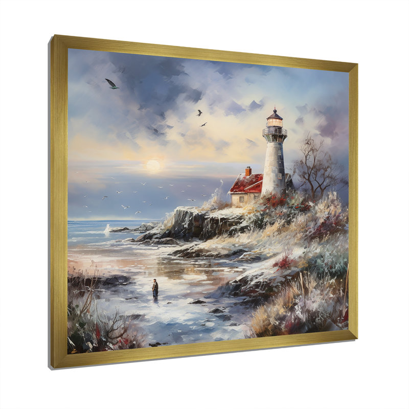 Charme de phare côtier en hiver, H 36 po x l 36 po x P 1,5 po, Cadre doré simple