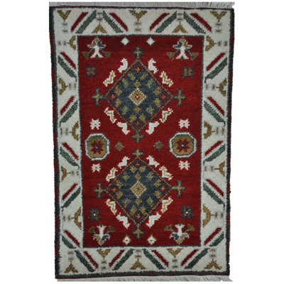 Tapis carré rouge en laine noué à la main de conception unique 2 pi x 4 pi Garrell