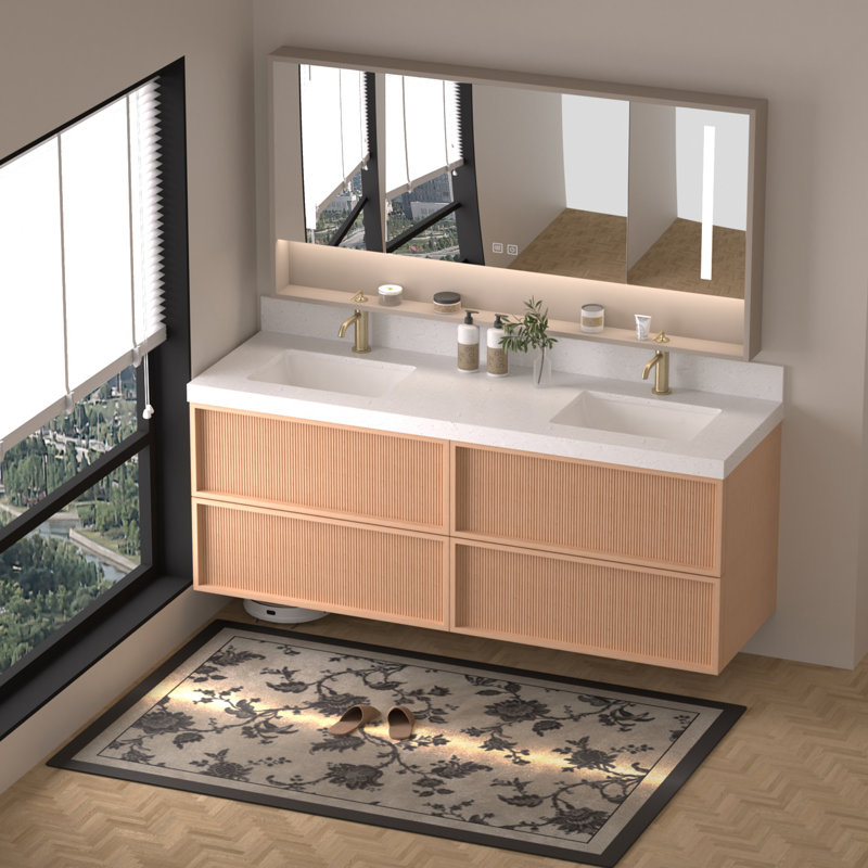 Meuble-lavabo flottant cannelé 60 po avec comptoir en marbre et lavabo