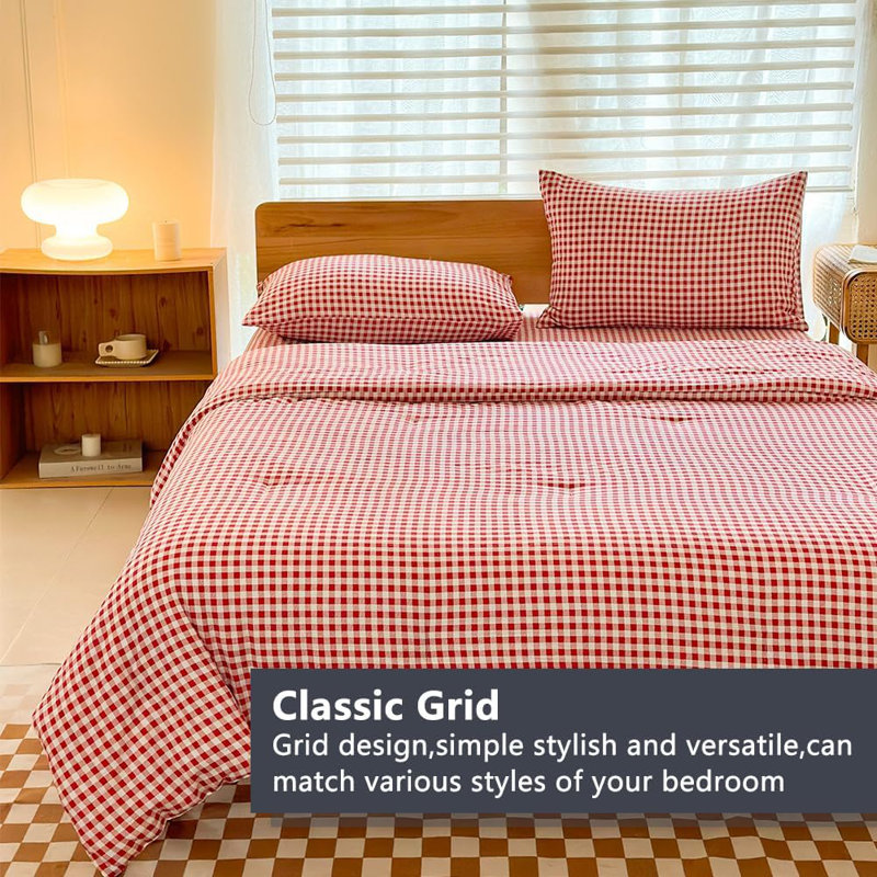 Ensemble d'édredon en microfibre prélavée Gingham, Vichy écossais rouge, Édredon simple + 1 taie d'oreiller