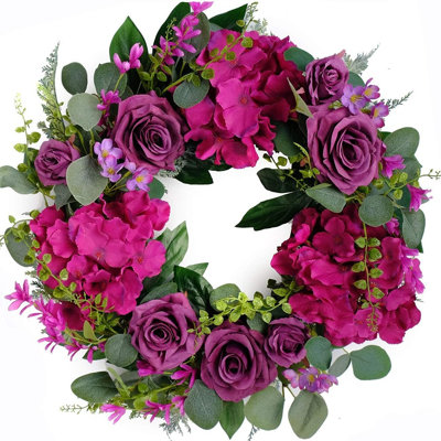 Couronne mauve rose pour la porte d'entrée - couronne florale printanière à feuilles d'hortensia