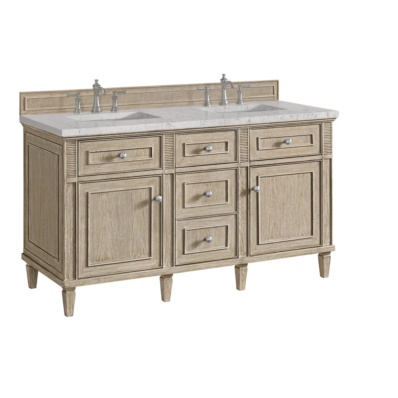 Lorelai 60'' Double Bathroom Vanity with Top, Whitewashed Oak, Eternal Jasmine Pearl, 8" Widespread