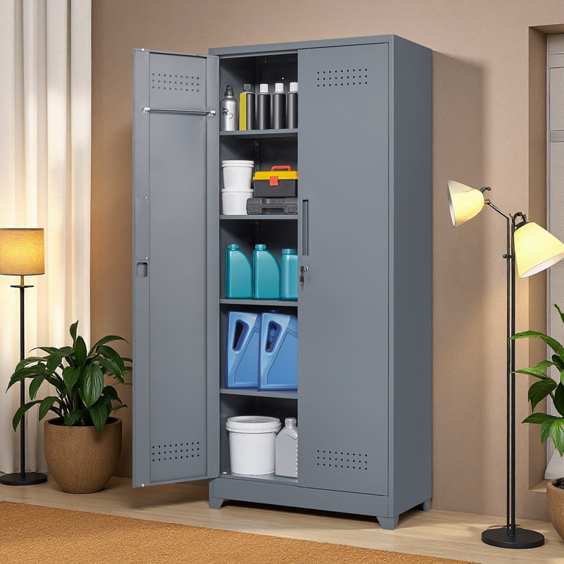 Metal Lockers, Cleaning Tool Cabinets With Locking Doors, High Broom Tool Storage Cabinets, Adjustable Shelves, Gray