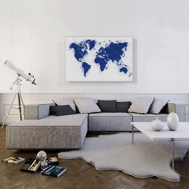 Carte du monde bleu marine et blanc - impression sur toile tendue, H 26 po x l 40 po x 1,5 po
