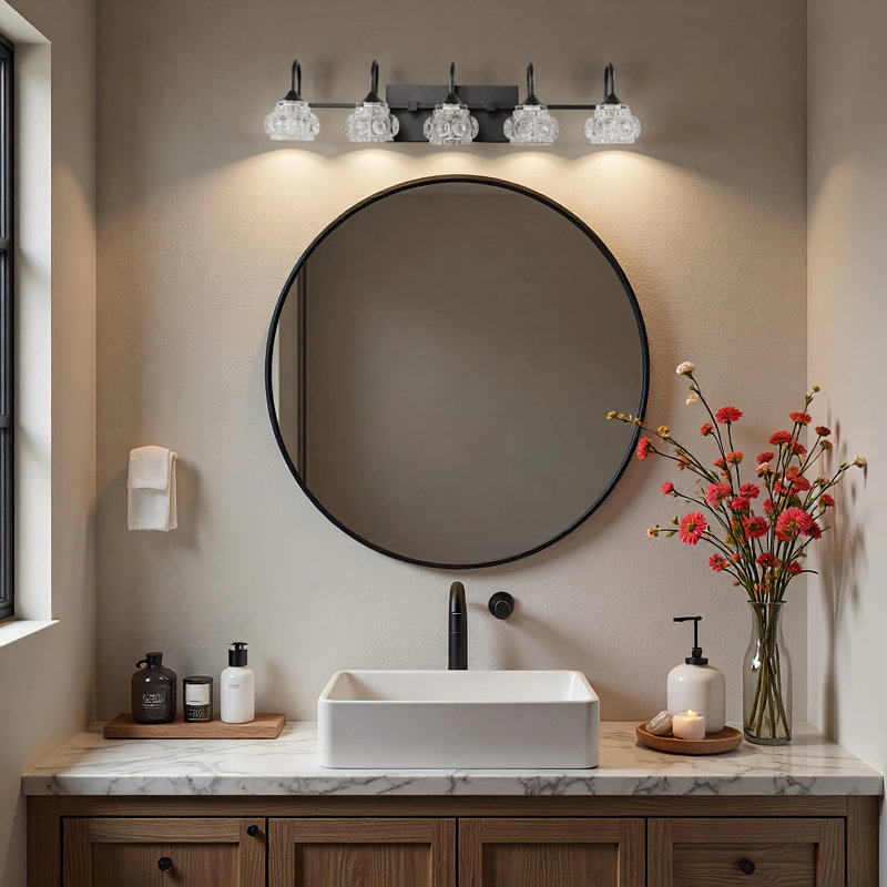 Éclairage pour salle de bain 29 po à 5 lumières noir mat et métal avec abat-jour en verre transparent pour la salle de bain (ampoules non incluses)