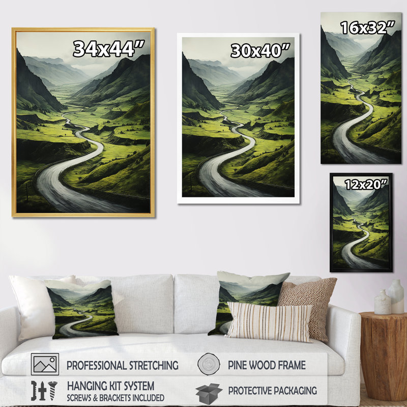 «Road Endless Journey In Green Mountain III», impressions sur toile, H 20 po x l 12 po x P 1 po, Cadre photo noir