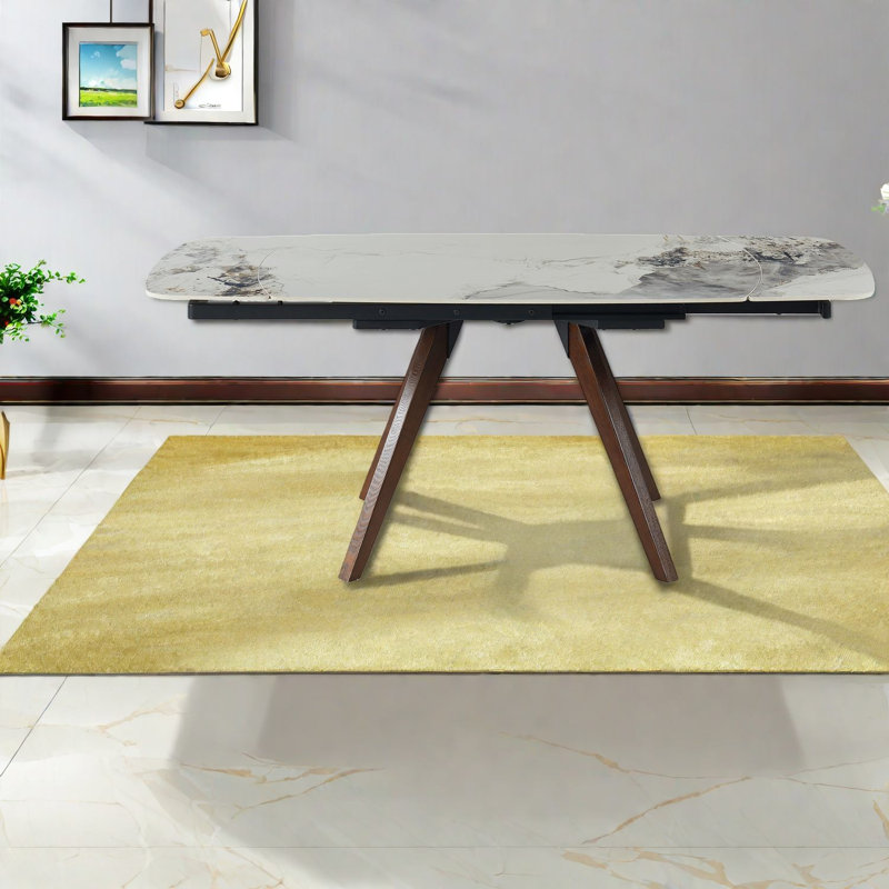 Table de salle à manger extensible moderne, pierre frittée, base en bois massif, usage domestique