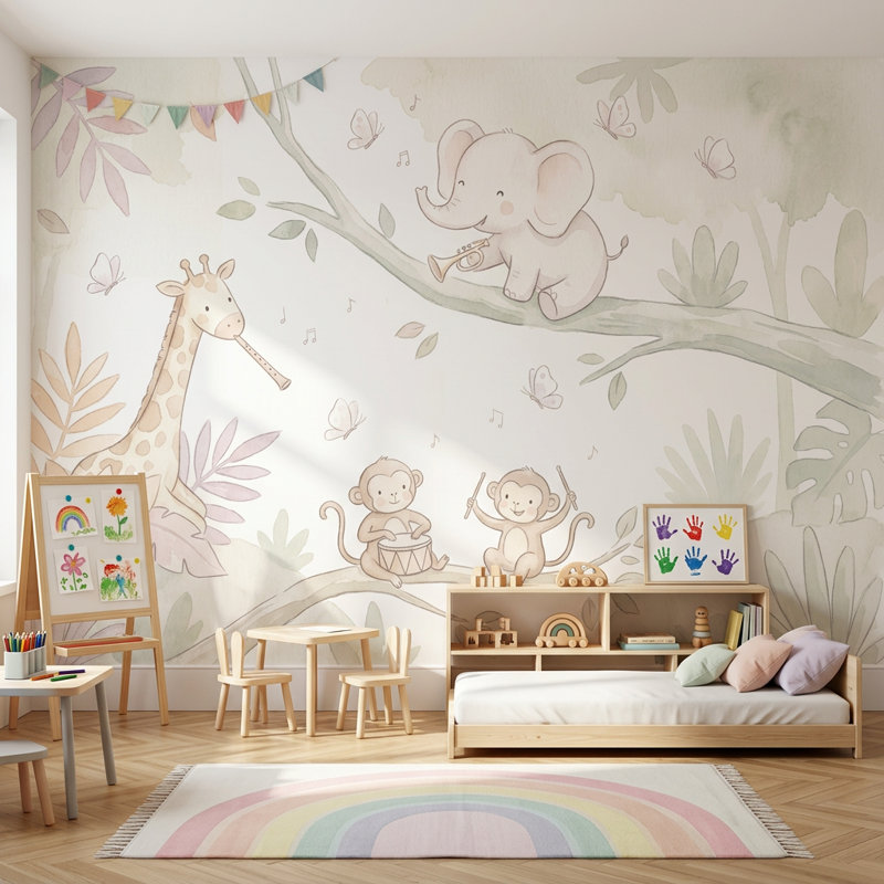 Papier peint amovible de chambre d'enfant avec instruments de musique animaux de la jungle, 100 po x 96 po, Peler et coller
